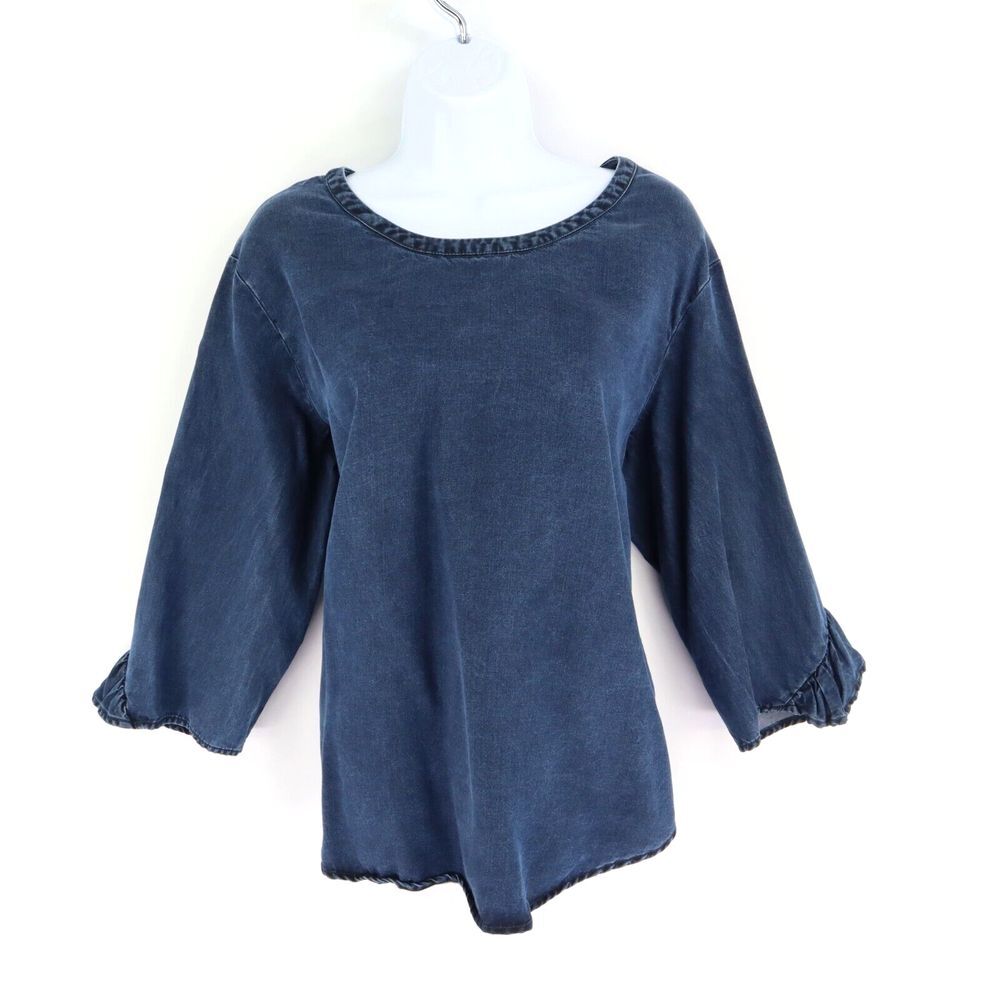 Soft Surroundings Blouse Shirt Womens Size M Blue Dark Wash 3/4 Sleeves Ruffle